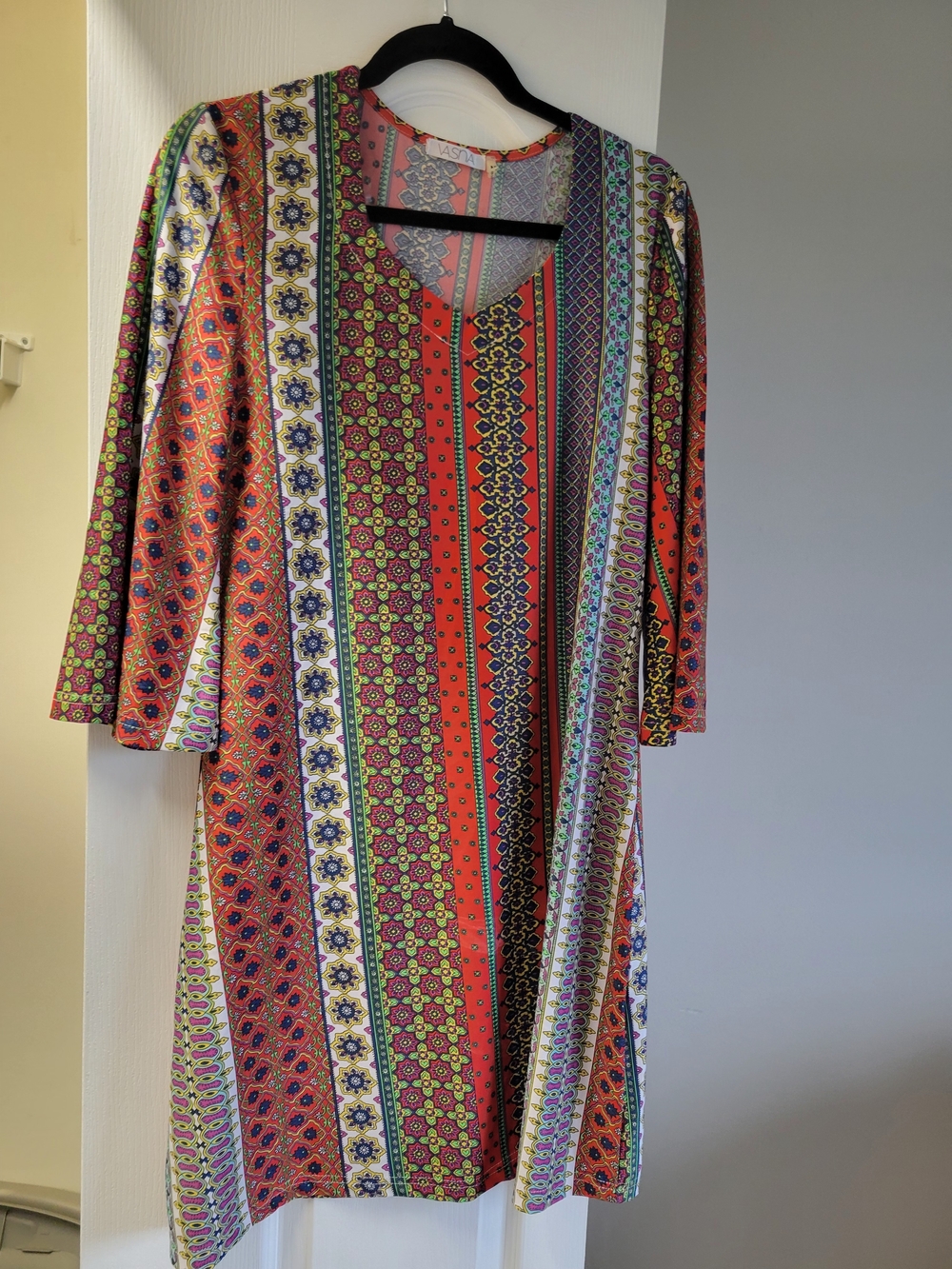 Striped Geo-Print V-Neck Mini Dress in Coral & Green